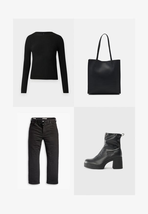 Mustmustriibuline must pikavarsiline sobiv sviiter ümmarguse kaelusega, esitatud helehallil taustal.; Mustadest denimist valmistatud sirge säärega teksad, millel on nööbid ja viis taskut, samuti peened õmblused. Sile tekstuur.; Mustad mustad ansapüksid, mis on valmistatud siledast nahast, külje zipperiga, paksu tekstuuriga kontsaga ja ümmarguse nina disainiga.; Mustast nahast kott sujuva tekstuuriga, ristkülikukujuline ja kahe pika sangaga. Pole nähtavat riistvara ega kaunistusi.