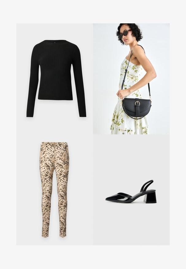Zwarte geribde langochtriem trui met een ronde halslijn, weergegeven tegen een effen lichte achtergrond.; Slangprint leggings in beige en zwart met een aansluitend ontwerp, voorzien van een soepele textuur en een rekbare taille voor comfort.; Zwarte gepatineerde leren slingback hakken met een spitse neus en een geometrische blokhak. Kenmerkt zich door een slank, minimalistisch ontwerp en een gladde textuur.; Zwarte leren handtas met een gebogen vorm, afneembare schouderband en gouden hardware. De tas heeft een klep met een gespsluiting.