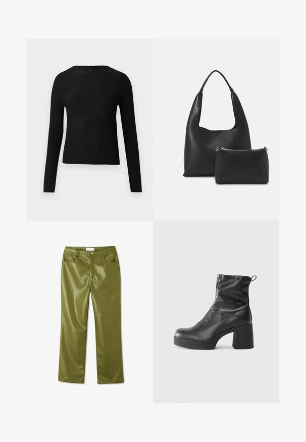 Juoda dryžuota ilga rankovė prigludusi megztinis su apvalia iškirpte, pateiktas prieš paprastą šviesią fono.; Alyvuogių žalios, aukštai sėdinčios dirbtinės odos kelnės su lygiu paviršiumi, keturiais kišenėmis ir priekiniais mygtukais. Tiesios kojos dizainas.; Juodos kulkšninių botai, pagaminti iš lygaus odos, su šoniniu užtrauktuku, masyviu tekstūruotu kulnu ir apvaliu pirštu.; Even&Odd Rankinė - black