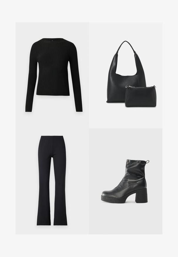 Pulover negru cu mâncă lungă, cu textură ribbed, cu decolteu rotund, expus pe un fundal deschis și simplu.; Pantaloni negri cu flaring, realizați dintr-un material elastic cu un elastic în talie; textură netedă, lungime completă și fără modele sau accente vizibile.; Bocanci negri de glezna din piele netedă, cu fermoar lateral, toc texturat și masiv, și design cu vârf rotund.; Even&Odd Geantă de mână - black