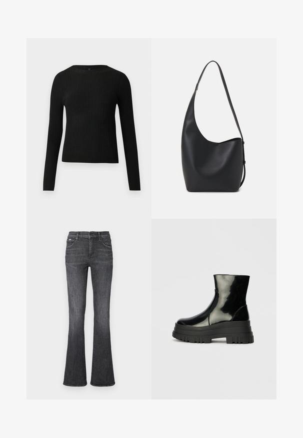 Pull ajusté noir à manches longues et côtelé avec un col rond, présenté sur un fond clair uni.; Jean évasé en denim gris foncé avec une texture lisse, design à cinq poches et fermeture à bouton à la taille.; Bottines noires brillantes avec semelle lugg épaisse et bout rond, vue de côté sur un fond gris clair uni.; Sac hobo en cuir noir avec une texture lisse, une forme incurvée et une seule sangle réglable ; dispose d'une large ouverture en haut.