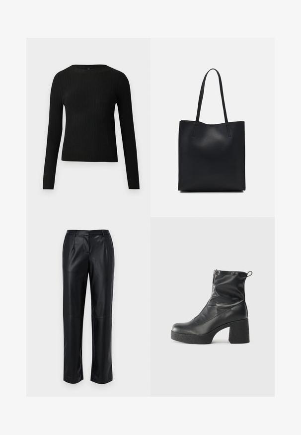 Μαύρο ριμπ πλεκτό πουλόβερ με μακρύ μανίκι και στρογγυλή λαιμόκοψη, παρουσιαζόμενο σε απλή ανοιχτόχρωμη φόντο.; Μαύρο δερμάτινο παντελόνι με ίσια γραμμή, διαθέτοντας δύο εμπρόσθιες τσέπες, πλισέ σχέδιο και λεία, γυαλιστερή υφή.; Μαύρες μποτές μέχρι τον αστράγαλο από λείο δέρμα, με πλευρικό φερμουάρ, χοντρό υφασμάτινο τακούνι και στρογγυλή μύτη.; Μαύρη δερμάτινη τσάντα tote με λείο υφή, ορθογώνιο σχήμα και δύο μακριές λαβές. Χωρίς ορατό υλικό ή διακοσμητικά στοιχεία.