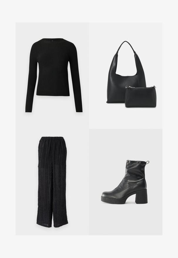 Crni rebrasti dugouhasti pripijeni pulover s okruglim izrezom, prikazan na jednostavnoj svijetloj pozadini.; Crne hlače širokih nogavica s uzorcima teksturirane pruge, elastičnim pojasom i laganom tkaninom. Casual dizajn idealan za opušteno nošenje.; Crne gležnjače od glatke kože, s bočnim zatvaračem, debelim teksturiranim potplatom i dizajnom s zaobljenim prstima.; Even&Odd Ručna torba - black