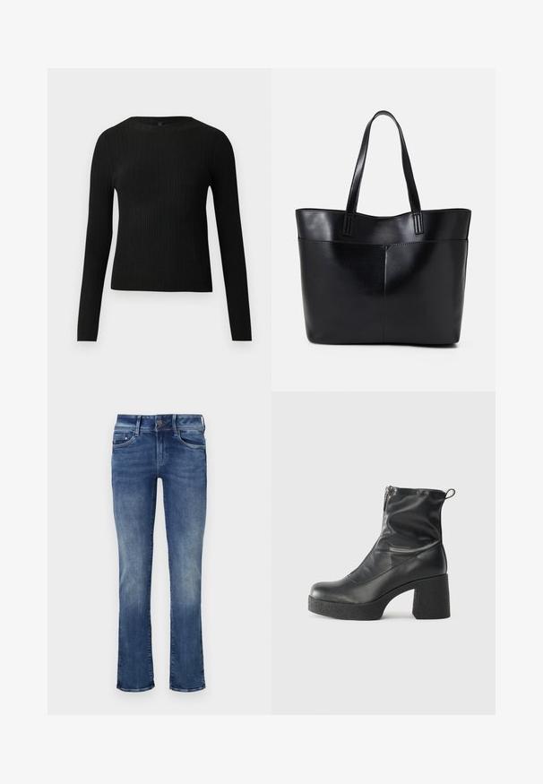 Črna rebrasta dolgosleeve prilegnjena pulover s krožnim ovratnikom, prikazan na enostavni svetli podlagi.; Jeans iz denima v srednje modri barvi z rahlim zbledeljem. Imajo standardno zasnovo z petimi žepi ter zadrgo in gumbom za zapiranje. Prerez naravnost.; Črne gležnjarje iz gladke kože z božnim zadrgo, masivnim teksturiranim peto in zaobljeno obliko prstov.; Črna usnjena torba z dvema dolgima ročajema, gladko teksturo in strukturirano obliko. Ima sprednji žep za dodatno shranjevanje.