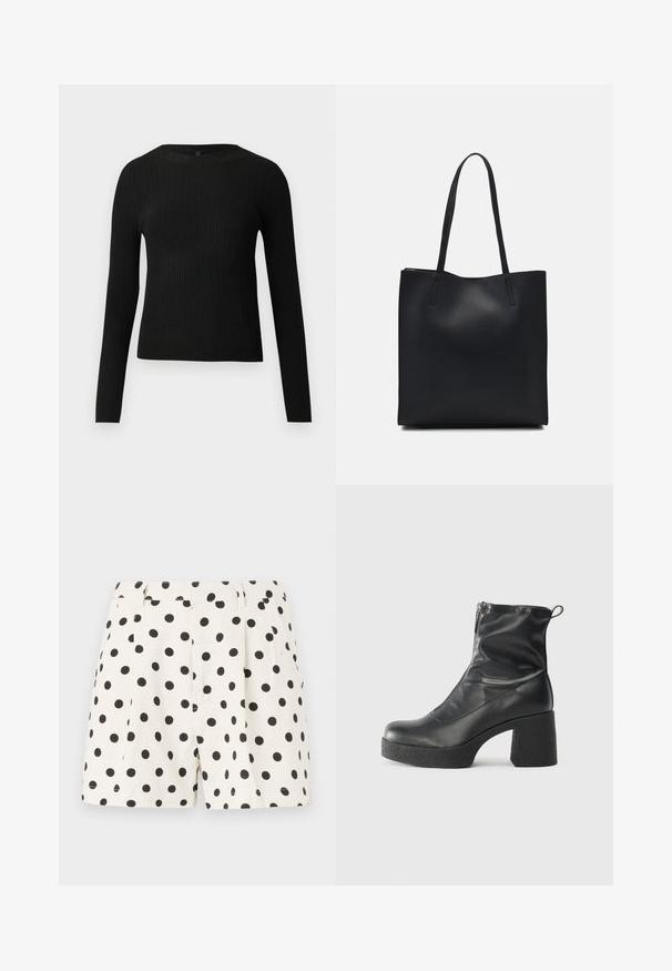 Schwarzer, gerippter, langärmliger, taillierter Pullover mit Rundhalskragen, vor einem schlichten, hellen Hintergrund präsentiert.; Weiße Shorts aus Leinen mit einem schwarzen Punktmuster. Mit Falten und Seitentaschen. Figurbetonter Bund mit sauberem Abschluss.; Schwarze Stiefeletten aus glattem Leder mit seitlichem Reißverschluss, klobigem strukturiertem Absatz und runder Zehenform.; Schwarze Laptoptasche aus Leder mit glatter Textur, rechteckiger Form und zwei langen Griffen. Keine sichtbaren Beschläge oder Verzierungen.