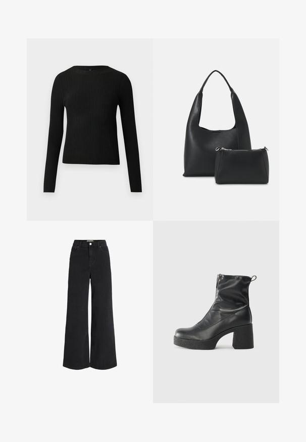 Melna, ribota, garām piedurknēm pieguļoša džemperis ar apaļu kakla izgriezumu, izlikta pret vienkāršu gaišu fonu.; Platas kājas melnie džinsi ar piecu kabatu dizainu, augsto jostasvietu un pogu aizdari. Iezīmēts ar diskretām šuvēm un tūlītēju apdari.; Melni potītes zābaki, kas izgatavoti no gludas ādas, ar sānu rāvējslēdzēju, masīvu strukturētu papēdi un noapaļotu purngalu.; Even&Odd Rokassoma - black