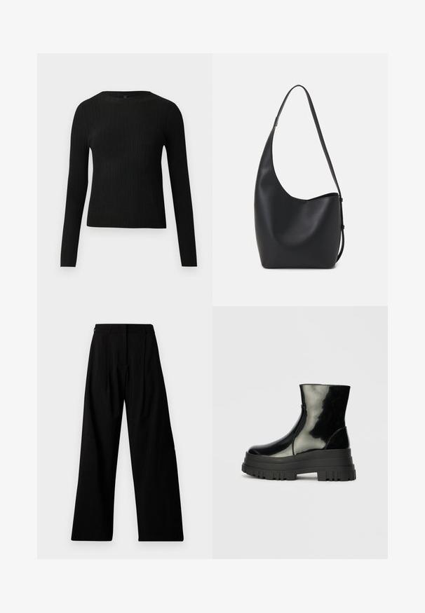 Svart ribbestrikket langermet tettsittende genser med rund hals, vist mot en ensfarget lys bakgrunn.; Bredde bukser i svart med høyt liv, med legg, skjult frontlukking og minimal merking på venstre ben.; Svart, blank ankelstøvel med tykk såle og rund tå, sett fra siden på en enkel, lys grå bakgrunn.; Svart lær hobo-veske med glatt tekstur, buet form og enkelt justerbart stropp; har en bred åpning på toppen.