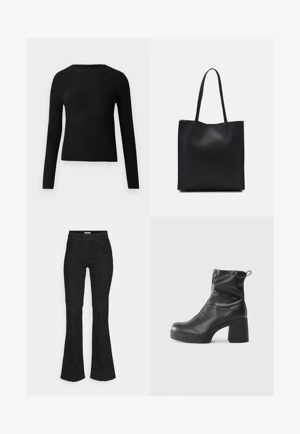 Black ribbed long-sleeve fitted sweater with a round neckline, displayed against a plain light background.; Black flared jeans made of denim, featuring a high waist, subtle front seam detailing, and a classic five-pocket design.; Black ankle boots made of smooth leather, featuring a side zipper, chunky textured heel, and rounded toe design.; Black leather tote bag with smooth texture, rectangular shape, and two long handles. No visible hardware or embellishments.