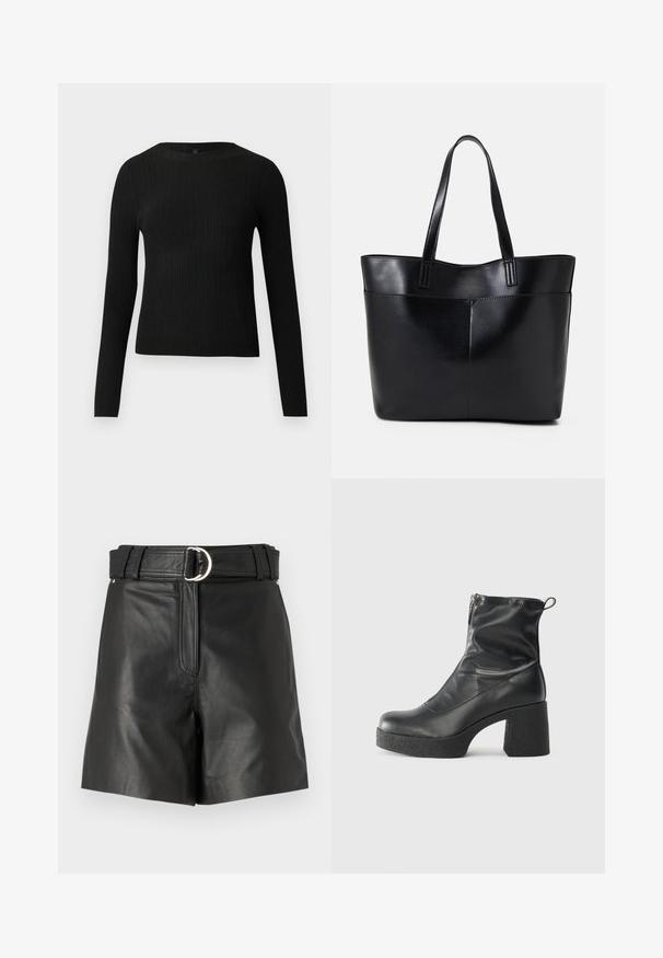 Black ribbed long-sleeve fitted sweater with a round neckline, displayed against a plain light background.; Black leather shorts with a wide belt featuring a silver circular buckle. Smooth texture with a tailored fit and front zipper detail.; Black ankle boots made of smooth leather, featuring a side zipper, chunky textured heel, and rounded toe design.; Black leather tote bag with two long handles, a smooth texture, and a structured shape. Features a front pocket for additional storage.