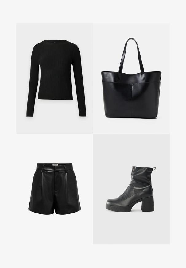 Black ribbed long-sleeve fitted sweater with a round neckline, displayed against a plain light background.; Black faux leather high-waist shorts with belt loops, front pleats, and a concealed zipper closure, labeled "ONLY" inside the waistband.; Black ankle boots made of smooth leather, featuring a side zipper, chunky textured heel, and rounded toe design.; Black leather tote bag with two long handles, a smooth texture, and a structured shape. Features a front pocket for additional storage.