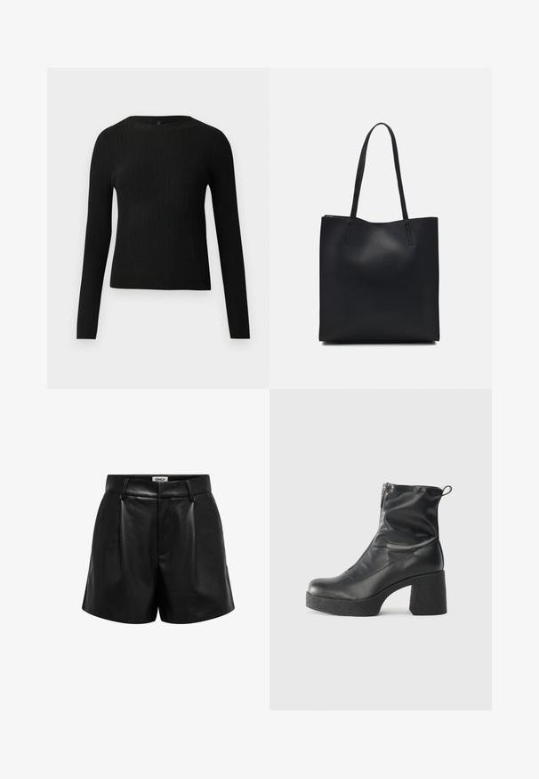 Černý žebrovaný dlouhý rukáv těsně padnoucí svetr s kulatým výstřihem, vystavený na jednoduchém světlém pozadí.; Černé šortky z umělé kůže s vysokým pasem, poutky na opasek, předními záhyby a skrytým zipovým zapínáním, označené "ONLY" uvnitř pasu.; Černé kotníkové boty vyrobené z hladké kůže, s bočním zipem, robustním strukturovaným podpatkem a kulatou špičkou.; Černá kožená taška přes rameno s hladkým povrchem, obdélníkovým tvarem a dvěma dlouhými uchy. Žádné viditelné kování ani ozdoby.