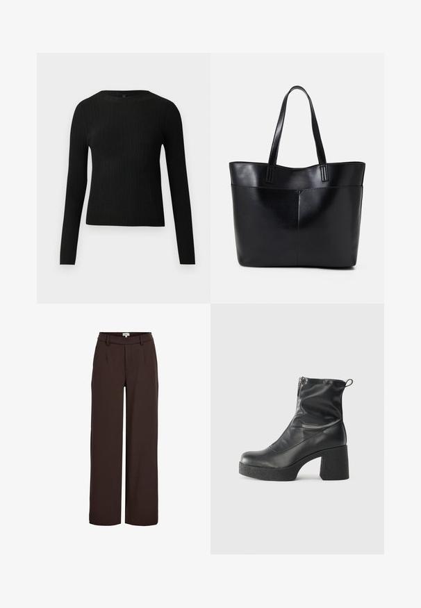 Fekete bordázott, hosszú ujjas, testhez simuló pulóver kerek nyakkivágással, világos, egyszínű háttér előtt kiemelve.; Object OBJLISA WIDE NOOS - Nadrágok - java; Fekete bokacsizmák sima bőrből, oldalsó cipzárral, vastag, texturált sarkú és lekerekített orrú dizájnnal.; Fekete bőr bevásárlótáska két hosszú fogantyúval, sima felülettel és strukturált formával. Elülső zseb található rajta a plusz tárolás érdekében.