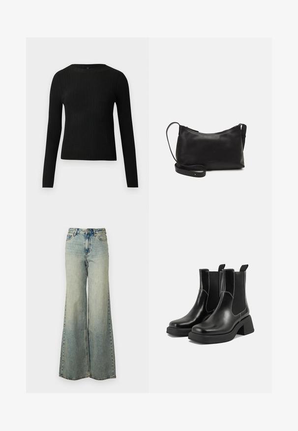 Suéter preto de mangas compridas com textura canelada, justo ao corpo, com um decote redondo, exibido contra um fundo claro e liso.; Jeans de perna larga azul claro feitos de denim, apresentando uma cintura alta, lavagem desbotada e bolsos laterais com costura visível.; Botas Chelsea em couro preto com um salto grosso, painéis laterais elásticos e costura branca em contraste. Acabamento texturizado.; Bolsa de ombro em pele preta com textura suave, forma curva, alça ajustável e fecho com zip. Design minimalista sem adornos.