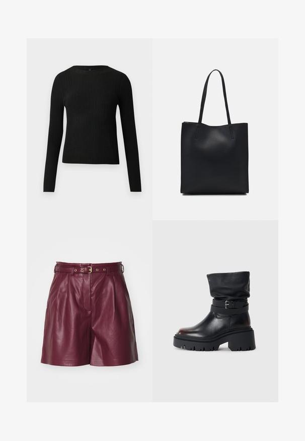 Fekete bordázott, hosszú ujjas, testhez simuló pulóver kerek nyakkivágással, világos, egyszínű háttér előtt kiemelve.; ONLY ONLHEIDI - Rövidnadrágok - burgundy; Fekete bőr bokacsizma laza felső résszel, csattal díszítve és vastag, strapabíró talppal. Kerek orrú és sima textúrájú.; Fekete bőrtáska sima felszínnel, téglalap alakú, két hosszú füllel. Nincs látható fémkiegészítő vagy díszítés.