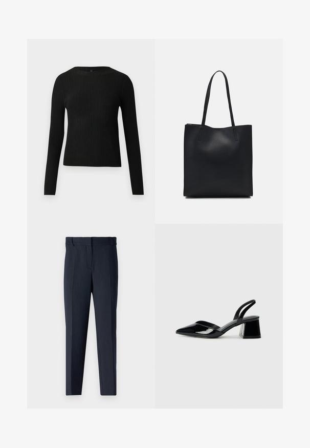 Pull ajusté noir à manches longues et côtelé avec un col rond, présenté sur un fond clair uni.; Pantalon de costume bleu marine avec une texture lisse, une coupe ajustée, un devant plat et des jambes droites. Comprend des passants de ceinture et pas de poches visibles.; Escarpins en cuir verni noir avec bout pointu et talon bloc géométrique. Présente un design élégant et minimaliste ainsi qu'une texture lisse.; Sac fourre-tout en cuir noir avec une texture lisse, de forme rectangulaire et deux longues poignées. Pas de matériel ou d'ornementations visibles.