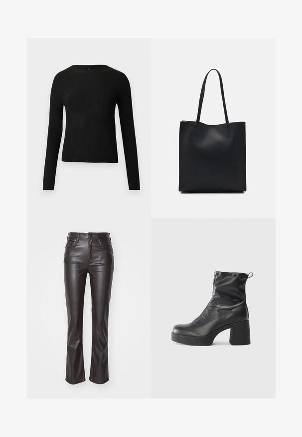Schwarzer, gerippter, langärmliger, taillierter Pullover mit Rundhalskragen, vor einem schlichten, hellen Hintergrund präsentiert.; Schwarze Lederhosen mit schmaler Passform, mittelhoher Taille, Fronttaschen und dezenten Nähten. Glänzende Textur und ausgestellter Saum.; Schwarze Stiefeletten aus glattem Leder mit seitlichem Reißverschluss, klobigem strukturiertem Absatz und runder Zehenform.; Schwarze Laptoptasche aus Leder mit glatter Textur, rechteckiger Form und zwei langen Griffen. Keine sichtbaren Beschläge oder Verzierungen.