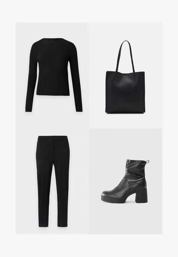 Black ribbed long-sleeve fitted sweater with a round neckline, displayed against a plain light background.; Black trousers made of smooth fabric with a slim fit. Features side pockets, a flat front, and a tapered leg design. No visible patterns.; Black ankle boots made of smooth leather, featuring a side zipper, chunky textured heel, and rounded toe design.; Black leather tote bag with smooth texture, rectangular shape, and two long handles. No visible hardware or embellishments.