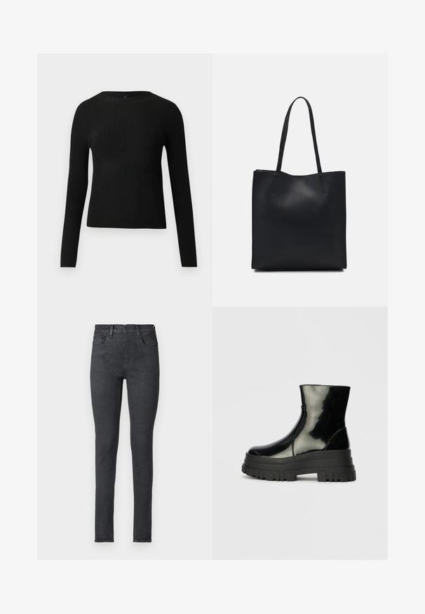 Suéter preto de mangas compridas com textura canelada, justo ao corpo, com um decote redondo, exibido contra um fundo claro e liso.; Jeans skinny em denim preto com cintura média, cinco bolsos e fecho de zip. Textura suave e silhueta ajustada.; Bota de tornozelo preta e brilhante com sola grossa e arredondada, vista lateral sobre fundo cinza claro.; Bolsa tote preta em couro com textura lisa, forma retangular e duas alças longas. Sem hardware ou enfeites visíveis.