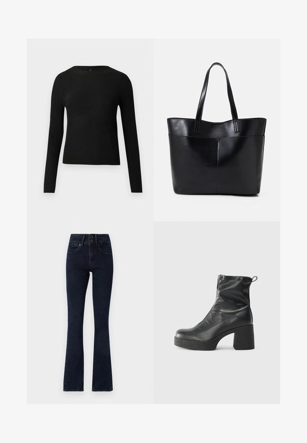 Suéter preto de mangas compridas com textura canelada, justo ao corpo, com um decote redondo, exibido contra um fundo claro e liso.; Jeans de flare azul escuro com uma cintura alta, fechamento de dois botões, cinco bolsos e uma textura de denim suave.; Botas de tornozelo pretas feitas de couro liso, com fecho lateral, salto grosso texturizado e design de bico arredondado.; Bolsa tote preta em couro com duas alças longas, textura suave e forma estruturada. Apresenta um bolso frontal para armazenamento adicional.