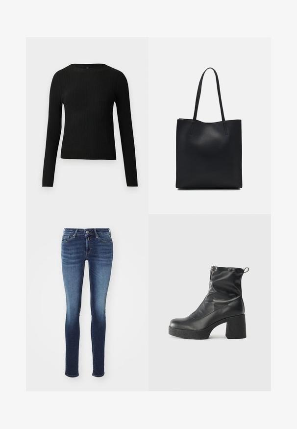 Suéter preto de mangas compridas com textura canelada, justo ao corpo, com um decote redondo, exibido contra um fundo claro e liso.; Jeans skinny em denim azul escuro com um efeito desbotado, apresentando um design de cinco bolsos, botão de metal e fecho de zip.; Botas de tornozelo pretas feitas de couro liso, com fecho lateral, salto grosso texturizado e design de bico arredondado.; Bolsa tote preta em couro com textura lisa, forma retangular e duas alças longas. Sem hardware ou enfeites visíveis.