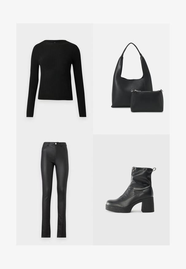Suéter preto de mangas compridas com textura canelada, justo ao corpo, com um decote redondo, exibido contra um fundo claro e liso.; Calças de imitação de couro pretas com um corte justo, apresentando um fecho frontal com botão, dois bolsos frontais e uma bainha ligeiramente boca de sino na parte inferior.; Botas de tornozelo pretas feitas de couro liso, com fecho lateral, salto grosso texturizado e design de bico arredondado.; Even&Odd Mala de mão - black