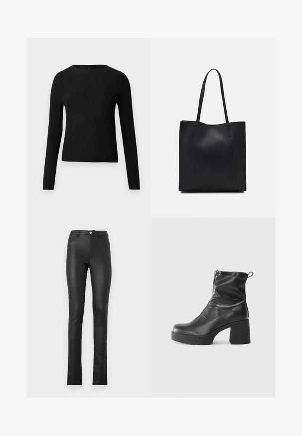 Fekete bordázott, hosszú ujjas, testhez simuló pulóver kerek nyakkivágással, világos, egyszínű háttér előtt kiemelve.; Fekete műbőr nadrág, slim fit fazonnal, elülső gombos záródással, két elülső zsebbel és enyhén fodros végű szegéssel.; Fekete bokacsizmák sima bőrből, oldalsó cipzárral, vastag, texturált sarkú és lekerekített orrú dizájnnal.; Fekete bőrtáska sima felszínnel, téglalap alakú, két hosszú füllel. Nincs látható fémkiegészítő vagy díszítés.