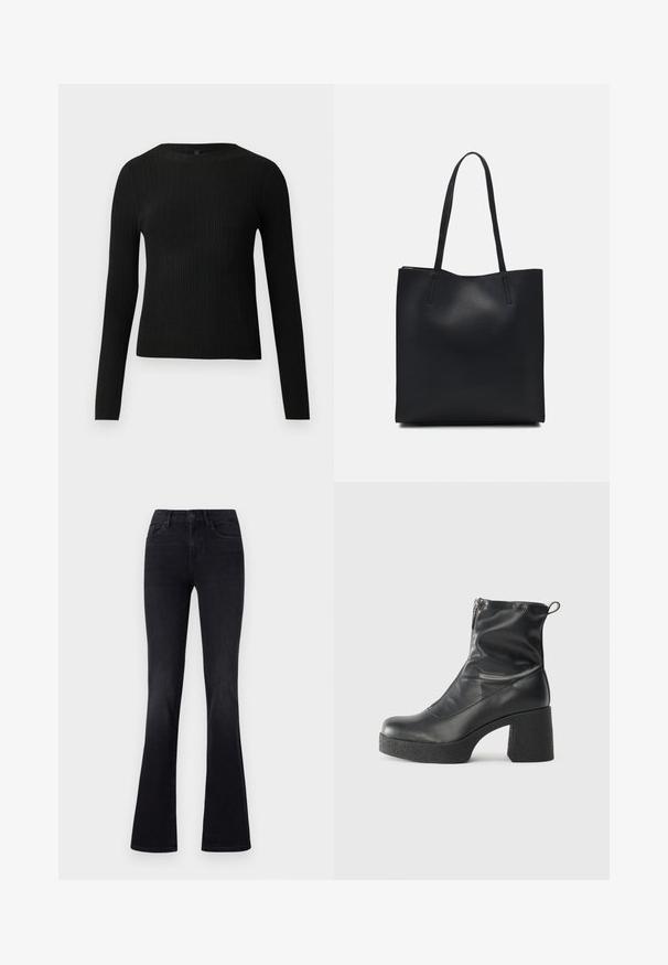 Black ribbed long-sleeve fitted sweater with a round neckline, displayed against a plain light background.; Black flared jeans made of denim, featuring a mid-rise waist, front pockets, and standard logo button closure. Smooth texture, classic design.; Black ankle boots made of smooth leather, featuring a side zipper, chunky textured heel, and rounded toe design.; Black leather tote bag with smooth texture, rectangular shape, and two long handles. No visible hardware or embellishments.