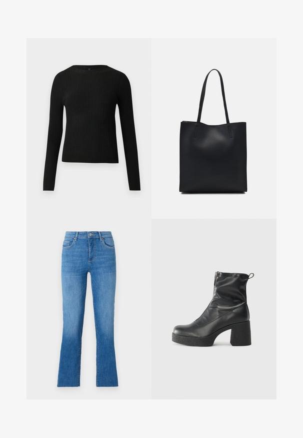Crni rebrasti dugouhasti pripijeni pulover s okruglim izrezom, prikazan na jednostavnoj svijetloj pozadini.; Plave traperice s proširenim nogavicama, srednjeg struka, s pet džepova i klasičnom srebrnom kopčom. Glatka tekstura.; Crne gležnjače od glatke kože, s bočnim zatvaračem, debelim teksturiranim potplatom i dizajnom s zaobljenim prstima.; Crna kožna torba za nošenje s glatkom teksturom, pravokutnim oblikom i dvije duge ručke. Nema vidljivih metalnih dijelova ili ukrasa.