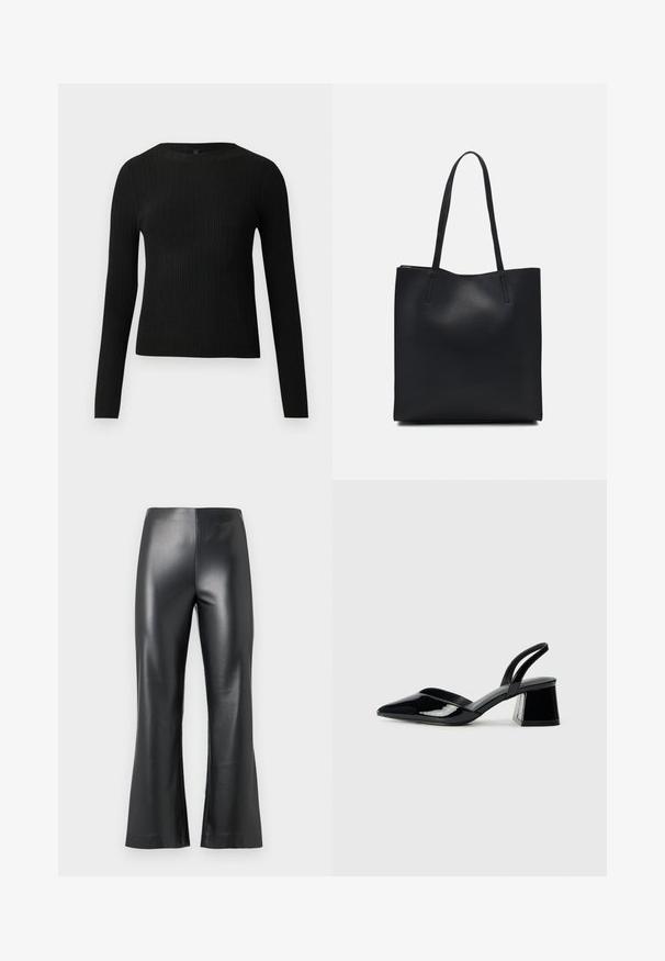 Sort ribbet langærmet tætsiddende sweater med rund halsudskæring, præsenteret på en ensfarvet lys baggrund.; Sorte faux læderbukser med en flagrende ben design, der har en glat, blank overflade og en høj talje. Enkel og stilren fremtoning.; Sorte patentlæder slingback hæle med spids tå og en geometrisk blok hæl. Har et elegant, minimalistisk design og en glat tekstur.; Sort læder tote taske med glat tekstur, rektangulær form og to lange hanke. Ingen synlig hardware eller udsmykninger.