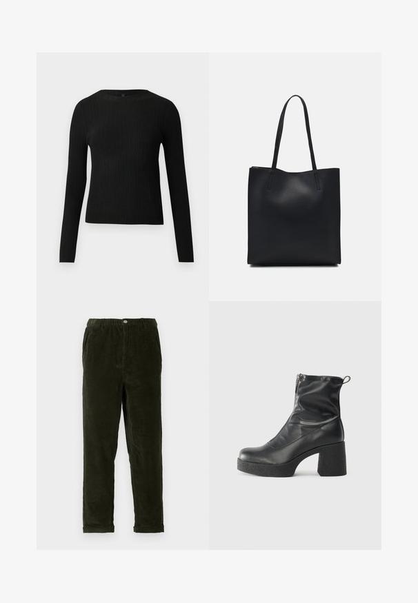 Črna rebrasta dolgosleeve prilegnjena pulover s krožnim ovratnikom, prikazan na enostavni svetli podlagi.; Temnozelene kordne hlače z teksturirano površino, ki imajo elastičen pas, sprednje žepke in ožja nogavica.; Črne gležnjarje iz gladke kože z božnim zadrgo, masivnim teksturiranim peto in zaobljeno obliko prstov.; Črna usnjena torba s svilnato teksturo, pravokotne oblike in dvema dolgima ročajema. Brez vidnih metalnih delov ali okrasnih elementov.