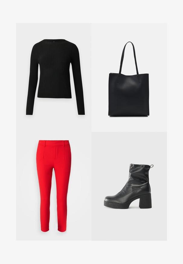 Schwarzer, gerippter, langärmliger, taillierter Pullover mit Rundhalskragen, vor einem schlichten, hellen Hintergrund präsentiert.; Object SLIM NOOS - Stoffhose - flame scarlet; Schwarze Stiefeletten aus glattem Leder mit seitlichem Reißverschluss, klobigem strukturiertem Absatz und runder Zehenform.; Schwarze Laptoptasche aus Leder mit glatter Textur, rechteckiger Form und zwei langen Griffen. Keine sichtbaren Beschläge oder Verzierungen.