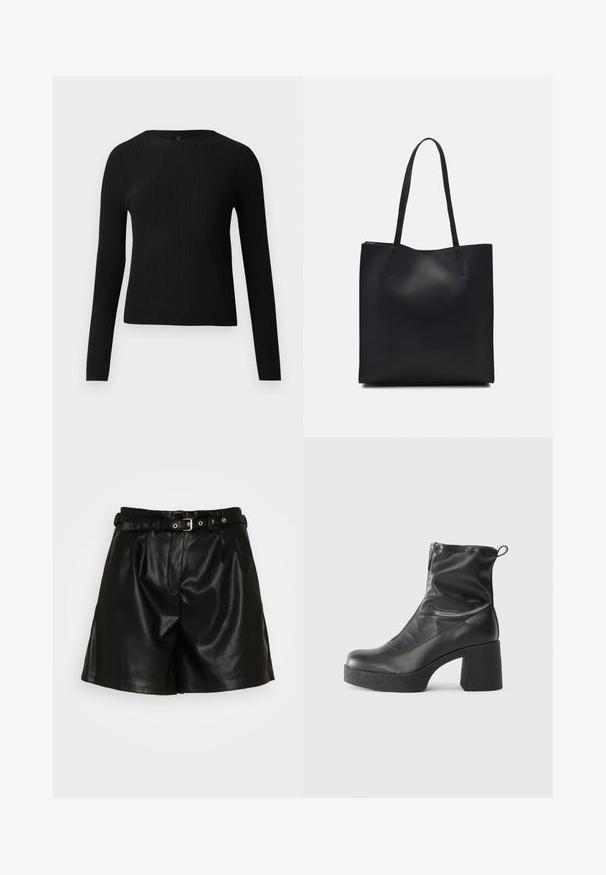 Čierny rebrovaný pulóver s dlhým rukávom, priliehajúci, s okrúhlym výstrihom, vystavený na jednoduchom svetlom pozadí.; Čierne kožené šortky s plisovaným predným dielom, opaskom so zlatým prackom a bočnými vreckami. Hladká textúra a prispôsobený strih.; Čierne členkové topánky z hladkej kože, so bočným zipsom, robustnou textúrovanou pätnou časťou a zaobleným dizajnom špičky.; Čierna kožená taška na rameno s hladkým povrchom, obdĺžnikovým tvarom a dvoma dlhými uchami. Bez viditeľného kovania alebo ozdôb.