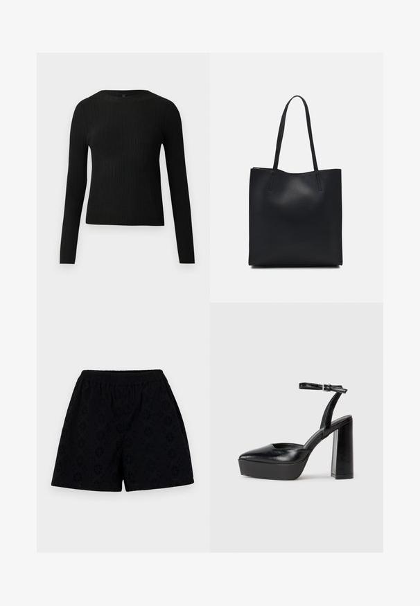 Black ribbed long-sleeve fitted sweater with a round neckline, displayed against a plain light background.; Black cotton shorts with an elastic waistband, featuring a floral eyelet pattern and loose fit, texture appears soft and lightweight.; Black platform heels with a pointed toe and adjustable ankle strap. Constructed from smooth leather, featuring a chunky block heel.; Black leather tote bag with smooth texture, rectangular shape, and two long handles. No visible hardware or embellishments.