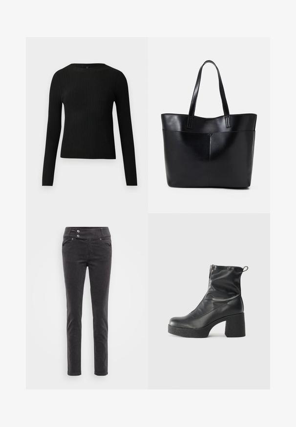 Black ribbed long-sleeve fitted sweater with a round neckline, displayed against a plain light background.; Black corduroy slim-fit pants with a smooth texture, featuring a double-button waistband and front pockets. Classic design for versatile wear.; Black ankle boots made of smooth leather, featuring a side zipper, chunky textured heel, and rounded toe design.; Black leather tote bag with two long handles, a smooth texture, and a structured shape. Features a front pocket for additional storage.