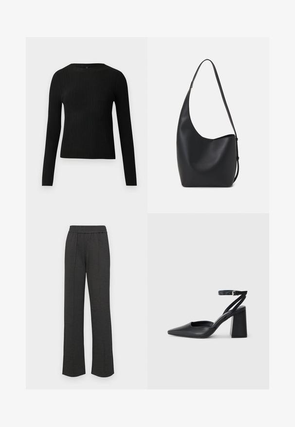 Melna, ribota, garām piedurknēm pieguļoša džemperis ar apaļu kakla izgriezumu, izlikta pret vienkāršu gaišu fonu.; Melni taisni bikses ar elastīgu jostu, priekšējiem krokām, mīkstu audumu un bez redzamām rakstu vai aparatūras detaļām.; Melna ādas augstpapēžu kurpe ar norakstīto purngala formu, potītes siksniņu un masīlu papēdi. Gluda tekstūra, elegants dizains un minimālisma estētika.; Melnas ādas hobo soma ar gludu tekstūru, izliekta forma un vienu regulējamu jostu; augšā ir plaša atvere.