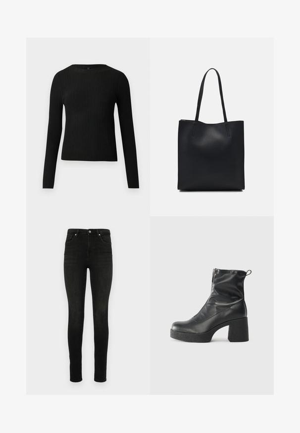 Black ribbed long-sleeve fitted sweater with a round neckline, displayed against a plain light background.; Black skinny jeans made of denim. Classic five-pocket design with a zip and button closure. Smooth texture and fitted silhouette.; Black ankle boots made of smooth leather, featuring a side zipper, chunky textured heel, and rounded toe design.; Black leather tote bag with smooth texture, rectangular shape, and two long handles. No visible hardware or embellishments.