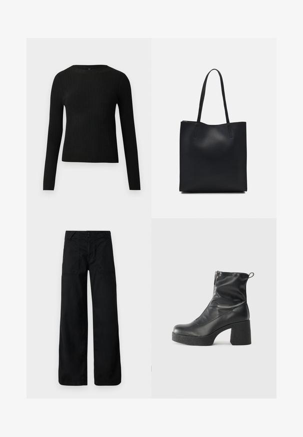 Suéter preto de mangas compridas com textura canelada, justo ao corpo, com um decote redondo, exibido contra um fundo claro e liso.; Calças largas pretas com uma textura suave, apresentando um fecho de botão e bolsos frontais com costura decorativa e detalhes de ilhó.; Botas de tornozelo pretas feitas de couro liso, com fecho lateral, salto grosso texturizado e design de bico arredondado.; Bolsa tote preta em couro com textura lisa, forma retangular e duas alças longas. Sem hardware ou enfeites visíveis.
