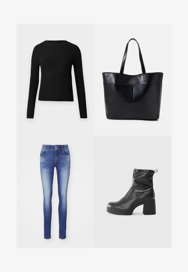 Suéter preto de mangas compridas com textura canelada, justo ao corpo, com um decote redondo, exibido contra um fundo claro e liso.; Jeans skinny em denim azul escuro com um efeito de desgaste. Apresenta dois bolsos frontais, uma cintura alta e fecho de botão duplo.; Botas de tornozelo pretas feitas de couro liso, com fecho lateral, salto grosso texturizado e design de bico arredondado.; Bolsa tote preta em couro com duas alças longas, textura suave e forma estruturada. Apresenta um bolso frontal para armazenamento adicional.