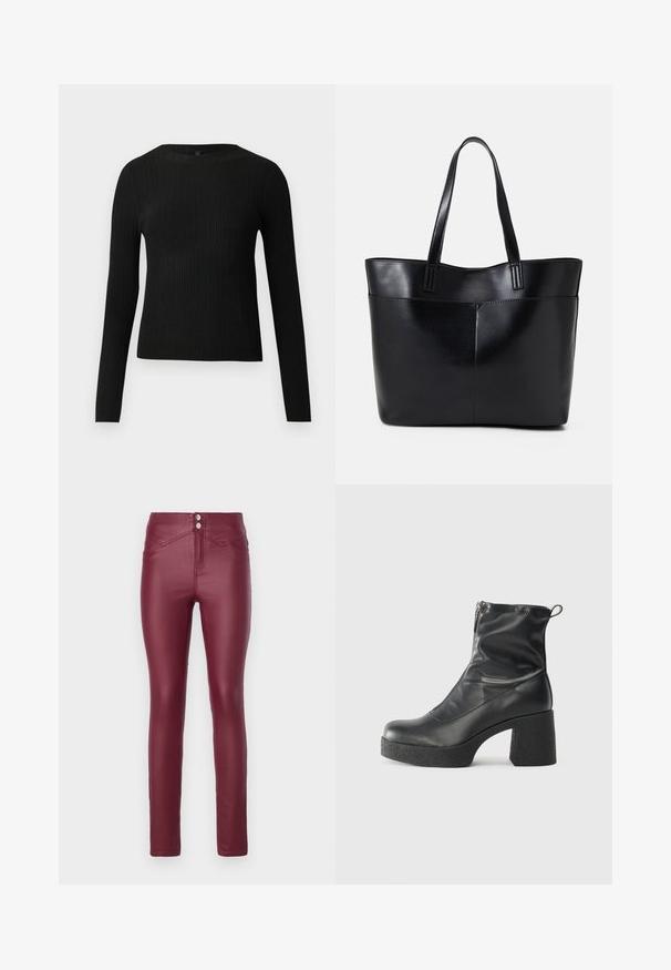 Črna rebrasta dolgosleeve prilegnjena pulover s krožnim ovratnikom, prikazan na enostavni svetli podlagi.; Burgundske usnjene skinny hlače z visokim pasom, ki vsebujejo dva sprednja gumba, nagnjena sprednja žepa in gladko, sijočo teksturo.; Črne gležnjarje iz gladke kože z božnim zadrgo, masivnim teksturiranim peto in zaobljeno obliko prstov.; Črna usnjena torba z dvema dolgima ročajema, gladko teksturo in strukturirano obliko. Ima sprednji žep za dodatno shranjevanje.