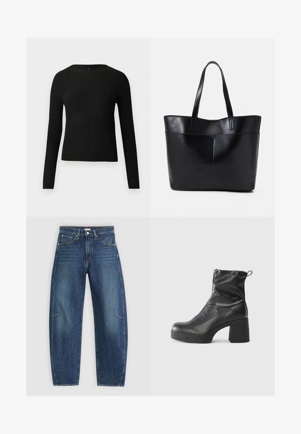 Pull ajusté noir à manches longues et côtelé avec un col rond, présenté sur un fond clair uni.; Jean en denim bleu foncé avec une coupe droite, dotés de poches avant, de surpiqûres contrastées et d'une texture légèrement délavée sur les jambes.; Bottes noires à la cheville en cuir lisse, dotées d'une fermeture éclair sur le côté, d'un talon épais texturé et d'une conception à bout rond.; Sac fourre-tout en cuir noir avec deux longues poignées, une texture lisse et une forme structurée. Dispose d'une poche avant pour un rangement supplémentaire.