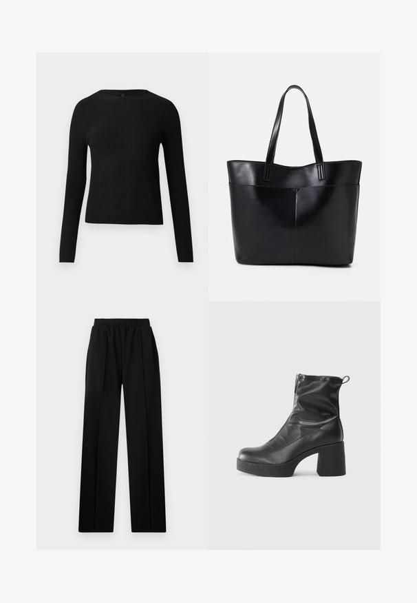 Čierny rebrovaný pulóver s dlhým rukávom, priliehajúci, s okrúhlym výstrihom, vystavený na jednoduchom svetlom pozadí.; Čierne široké nohavice s elastickým pásom, s hladkou textúrou tkaniny a bez viditeľných vzorov alebo akcentov.; Čierne členkové topánky z hladkej kože, so bočným zipsom, robustnou textúrovanou pätnou časťou a zaobleným dizajnom špičky.; Čierna kožená tote taška s dvoma dlhými rúčkami, hladkým povrchom a štruktúrovaným tvarom. Obsahuje prednú kapsu pre dodatočné uskladnenie.