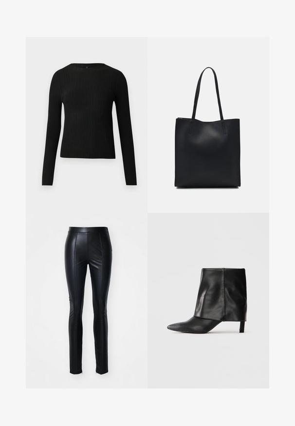 Mustmustriibuline must pikavarsiline sobiv sviiter ümmarguse kaelusega, esitatud helehallil taustal.; Mustmust muströöpidega mustad faux nahast püksid, millel on sobiv disain, koos õmblusdetailidega ees ja lukud pahkluudel lisastiili jaoks.; Must mustaastmede pikkade varbaga, volditud ülemise põlveosas ja saleda madala kontsaga jalanõu valge tausta peal.; Mustast nahast kott sujuva tekstuuriga, ristkülikukujuline ja kahe pika sangaga. Pole nähtavat riistvara ega kaunistusi.