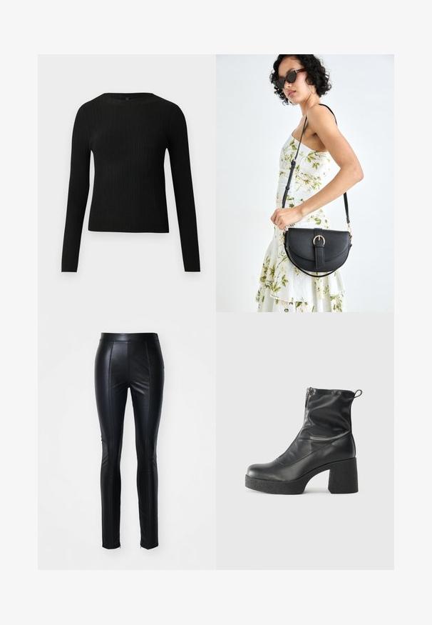 Pull ajusté noir à manches longues et côtelé avec un col rond, présenté sur un fond clair uni.; Pantalons en simili cuir noirs avec une coupe ajustée, ornés de coutures à l'avant et de fermetures éclair aux ourlets des chevilles pour un style supplémentaire.; Bottes noires à la cheville en cuir lisse, dotées d'une fermeture éclair sur le côté, d'un talon épais texturé et d'une conception à bout rond.; Sac à main en cuir noir avec une forme courbée, bandoulière amovible et des accessoires en or. Le sac est doté d'un rabat avec un détail de boucle.