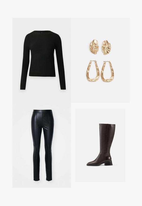 Pull ajusté noir à manches longues et côtelé avec un col rond, présenté sur un fond clair uni.; Pantalons en simili cuir noirs avec une coupe ajustée, ornés de coutures à l'avant et de fermetures éclair aux ourlets des chevilles pour un style supplémentaire.; Bottes en cuir marron arrivant au genou avec une finition lisse, bout rond et un talon empilé noir. Design simple avec des détails matériels minimaux.; Boucles d'oreilles dorées présentant des formes texturées et ondulées. Comprend des clips sculpturaux et un design de créoles ouvertes avec une finition martelée.
