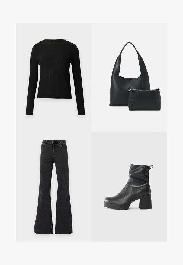 Černý žebrovaný dlouhý rukáv těsně padnoucí svetr s kulatým výstřihem, vystavený na jednoduchém světlém pozadí.; Černé zvonové džíny vyrobené z denimu, s vysokým pasem, předními kapsami a viditelnými švy. Hladká textura s mírným leskem.; Černé kotníkové boty vyrobené z hladké kůže, s bočním zipem, robustním strukturovaným podpatkem a kulatou špičkou.; Even&Odd Kabelka - black