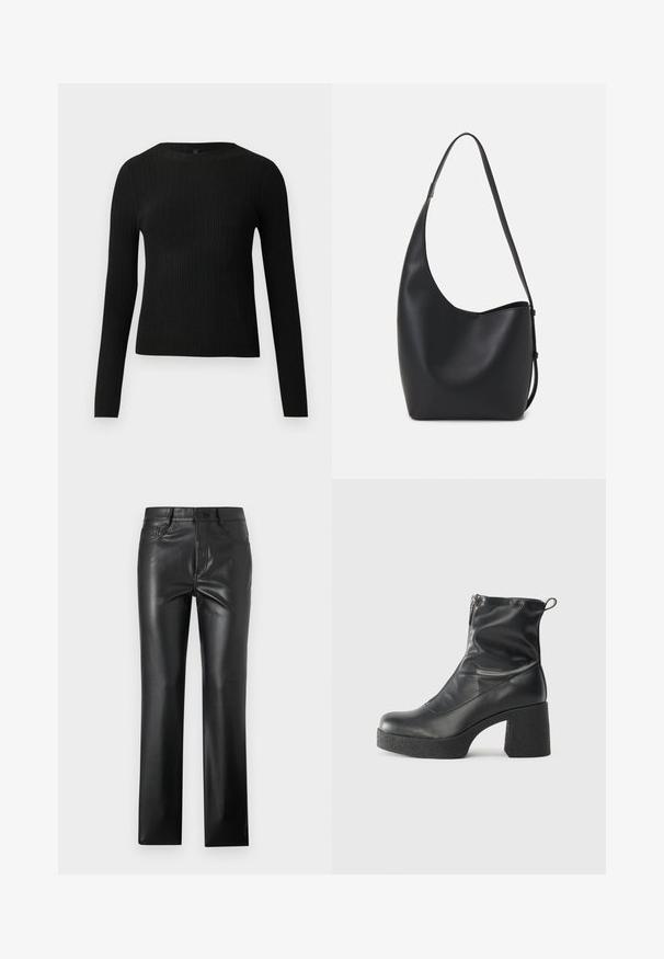 Black ribbed long-sleeve fitted sweater with a round neckline, displayed against a plain light background.; Black leather pants with a straight leg design, featuring front pockets, a button closure, and a smooth, shiny texture.; Black ankle boots made of smooth leather, featuring a side zipper, chunky textured heel, and rounded toe design.; Black leather hobo bag with a smooth texture, curved shape, and single adjustable strap; features a wide opening at the top.