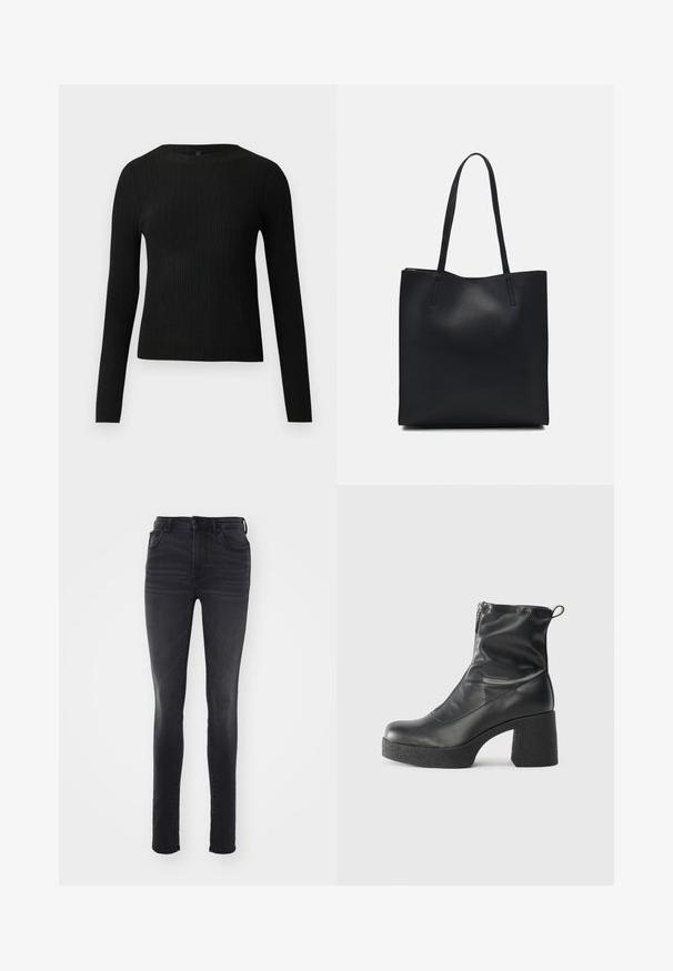 Crni rebrasti dugouhasti pripijeni pulover s okruglim izrezom, prikazan na jednostavnoj svijetloj pozadini.; Uskeje nezavisne crne traperice slim kroja, s visokim strukom, pet džepovima, suptilnim oštećenjima i ravnim krojem.; Crne gležnjače od glatke kože, s bočnim zatvaračem, debelim teksturiranim potplatom i dizajnom s zaobljenim prstima.; Crna kožna torba za nošenje s glatkom teksturom, pravokutnim oblikom i dvije duge ručke. Nema vidljivih metalnih dijelova ili ukrasa.