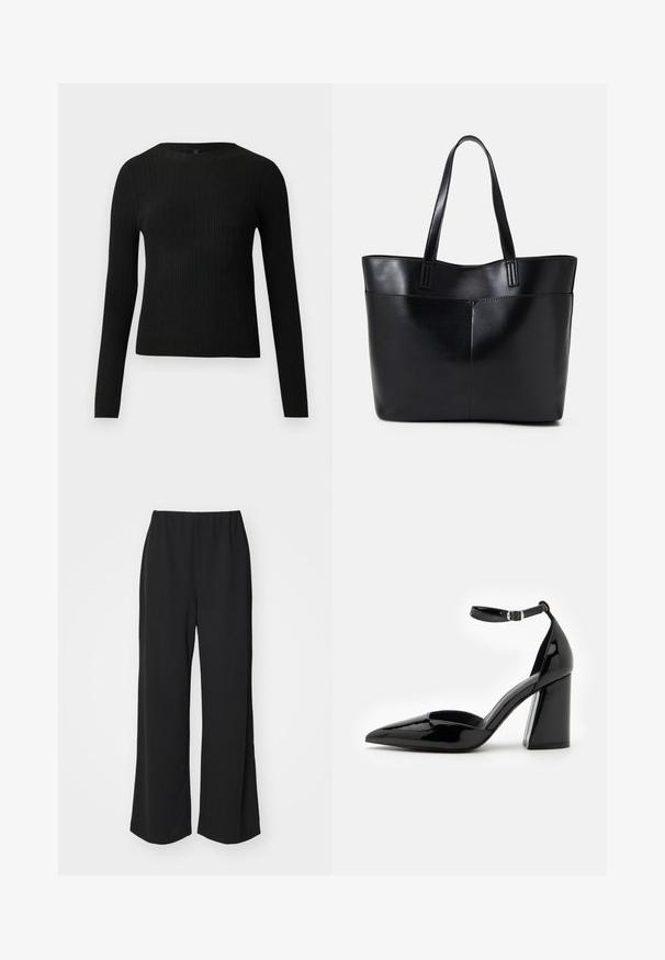 Melna, ribota, garām piedurknēm pieguļoša džemperis ar apaļu kakla izgriezumu, izlikta pret vienkāršu gaišu fonu.; Melnas brīvas kājas bikses ar elastīgu jostu, izgatavotas no gludas auduma, ar vienkāršu, neizgrebtu dizainu.; Melna lakota ādas augstpapēžu kurpe ar norādītu pirkstu, potītes siksniņu un platu bloku papēdi stabilitātei, ar gludu spīdīgu tekstūru.; Melnas ādas iepirkumu soma ar divām garām rokturām, gludu tekstūru un strukturētu formu. Iekļauj priekšējo kabatu papildu uzglabāšanai.