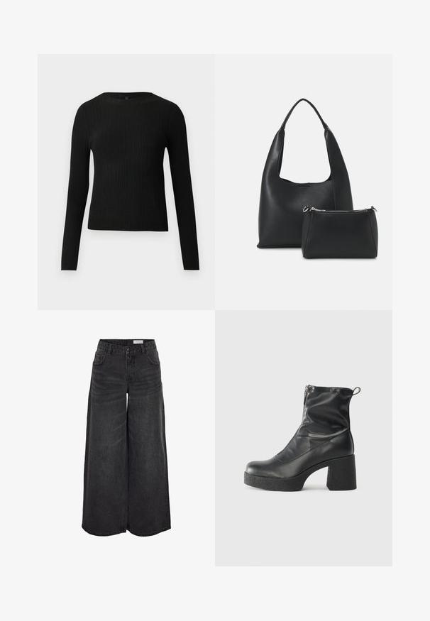Svart ribbad långärmad åtsittande tröja med rund halsringning, visad mot en enkel ljus bakgrund.; Breda svart denimbyxor med hög midja, fickor framtill och subtil struktur; designade för en avslappnad passform.; Svarta ankelstövlar i slitstark läder, med sidodragkedja, kraftig strukturerad klack och rundad tådesign.; Even&Odd Handväska - black