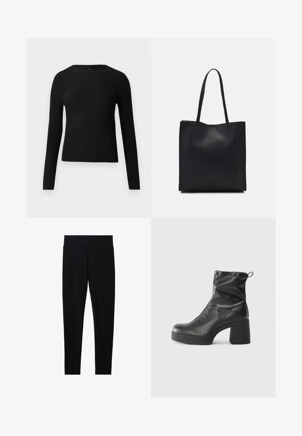Schwarzer, gerippter, langärmliger, taillierter Pullover mit Rundhalskragen, vor einem schlichten, hellen Hintergrund präsentiert.; Schwarze dehnbare Leggings mit einem breiten, weichen Taillenbund, die eine glatte Textur und eine figurbetonte Silhouette aufweisen, geeignet für verschiedene Aktivitäten.; Schwarze Stiefeletten aus glattem Leder mit seitlichem Reißverschluss, klobigem strukturiertem Absatz und runder Zehenform.; Schwarze Laptoptasche aus Leder mit glatter Textur, rechteckiger Form und zwei langen Griffen. Keine sichtbaren Beschläge oder Verzierungen.